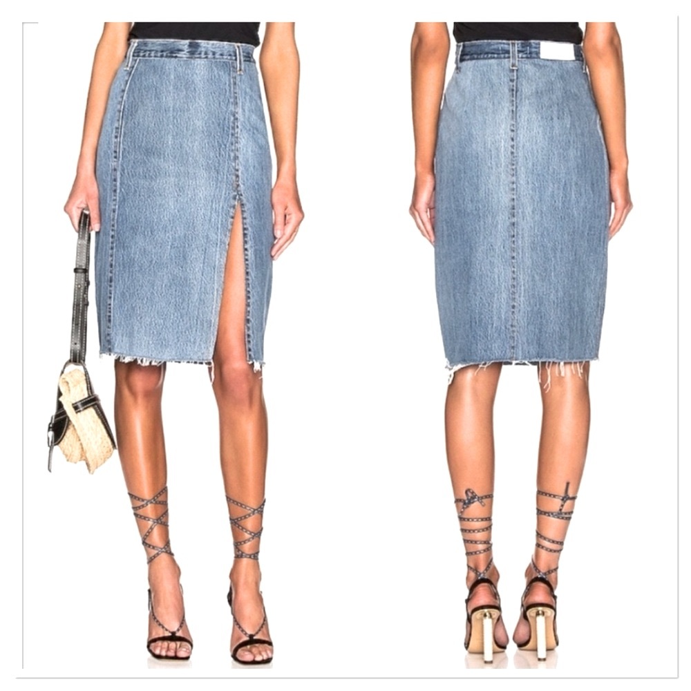 Re/Done Levis Denim Distressed Raw Hem High Slit Pencil Skirt Sz 27 Blue